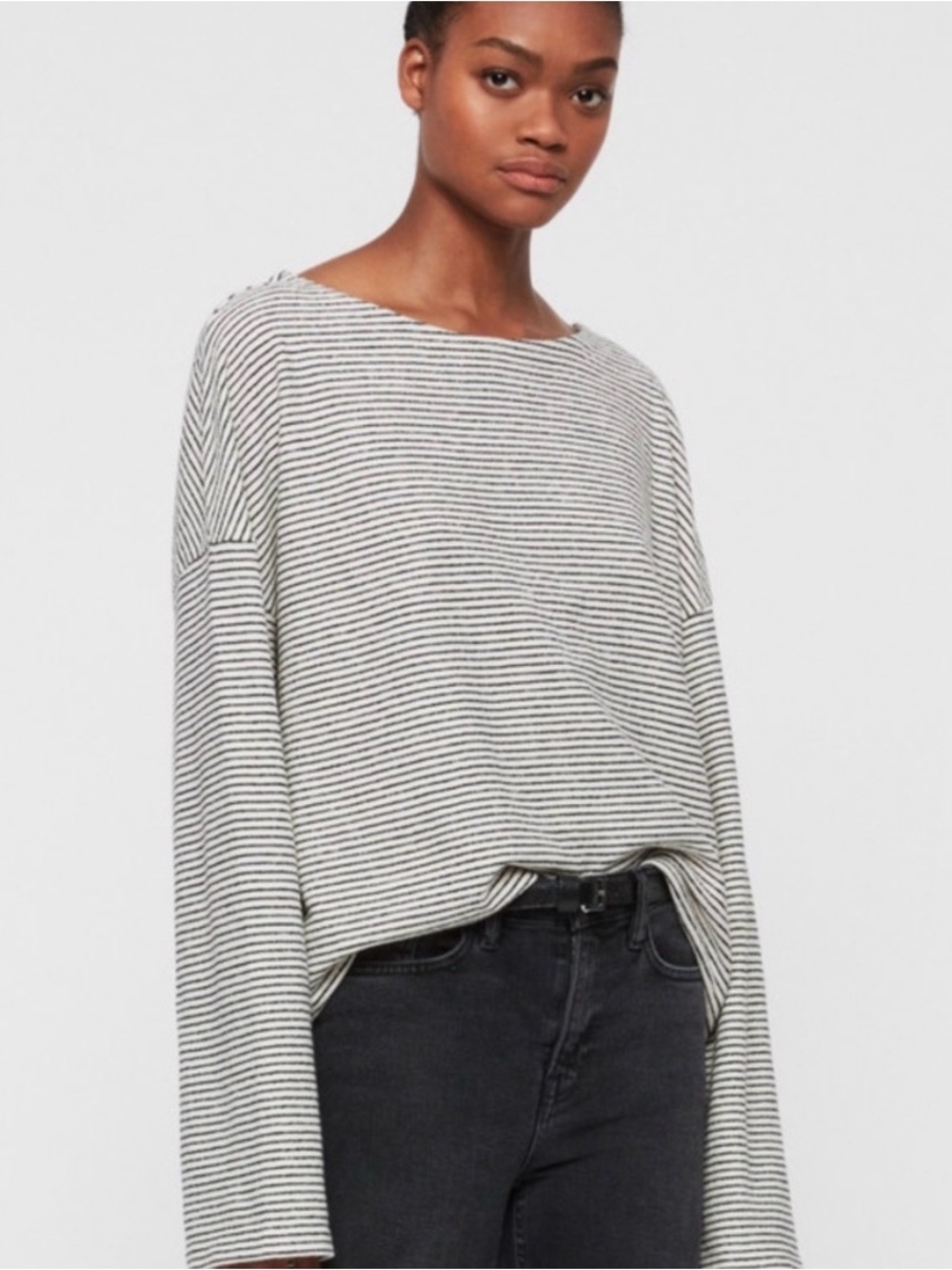 All Saints - Striped Long-Sleeve Relaxed Top in White and Black